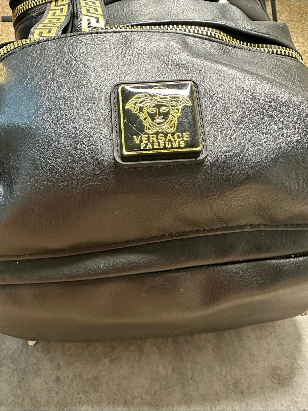 Versace Parfums Black Faux Leather Backpack Gold Medusa Greek Key